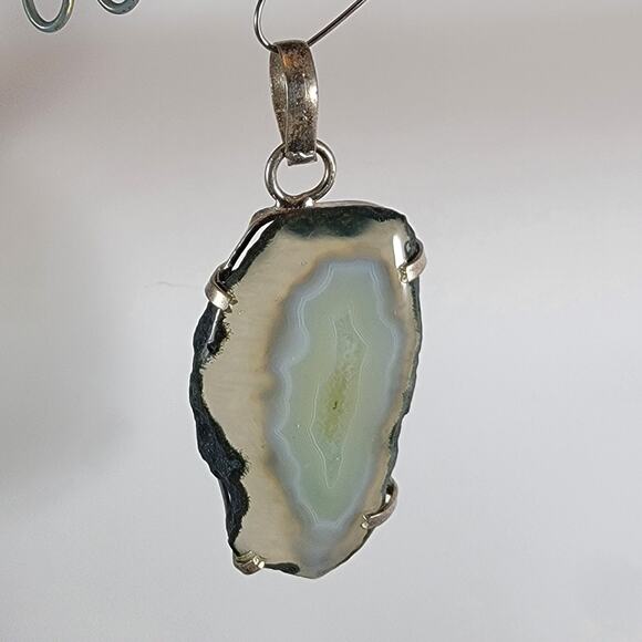 Green Agate Stalactite Pendant – Raw Slice Necklace + 20" Silver Snake Chain - Picture 2 of 10